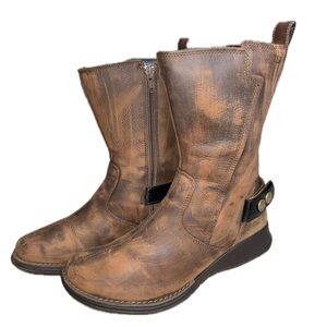 MERRELL Clay Brown Leather Boots Hand Distressed Patina Snap Buckle Boho US 8.5